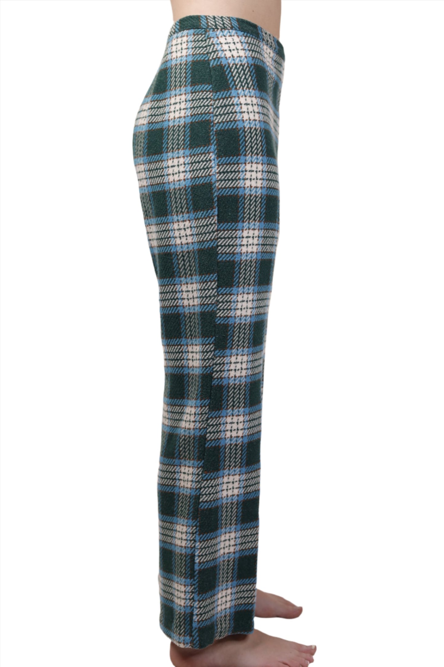 Green & Blue Plaid Wool Flare Cropped Pants 1960s