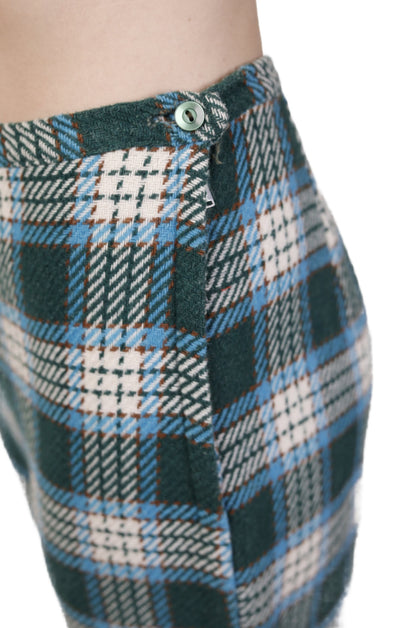 Green & Blue Plaid Wool Flare Cropped Pants 1960s