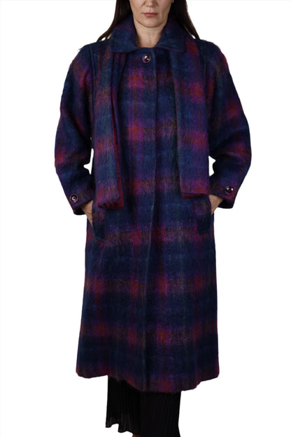 Wayne Stuart, Purple Plaid Merini Wool Mohair Coat with Scarf 1980s