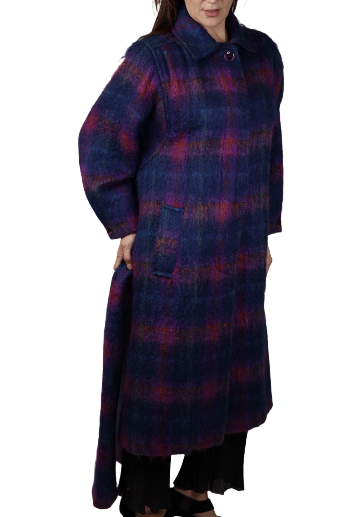 Wayne Stuart, Purple Plaid Merini Wool Mohair Coat with Scarf 1980s