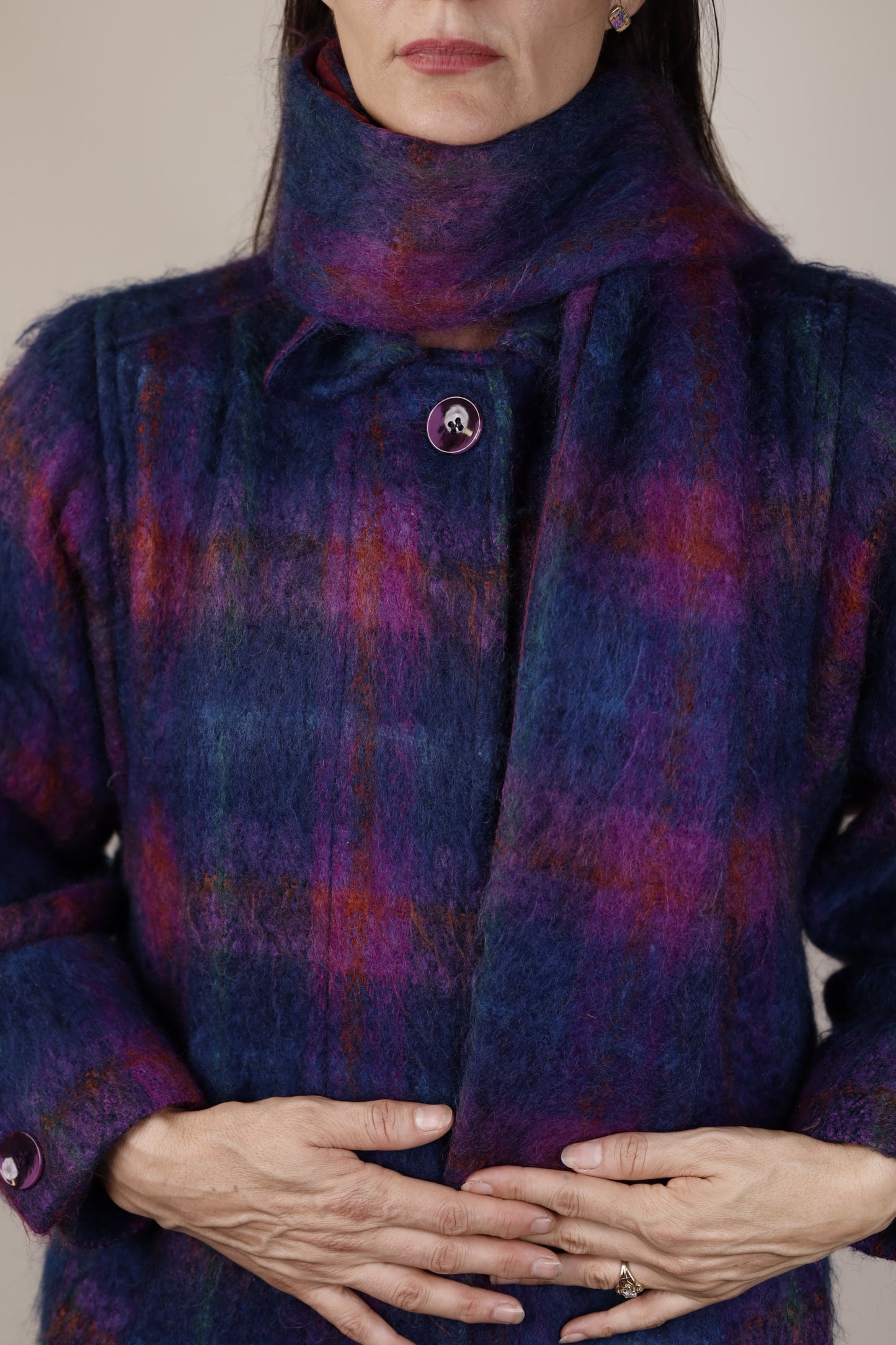 Wayne Stuart, Purple Plaid Merini Wool Mohair Coat with Scarf 1980s