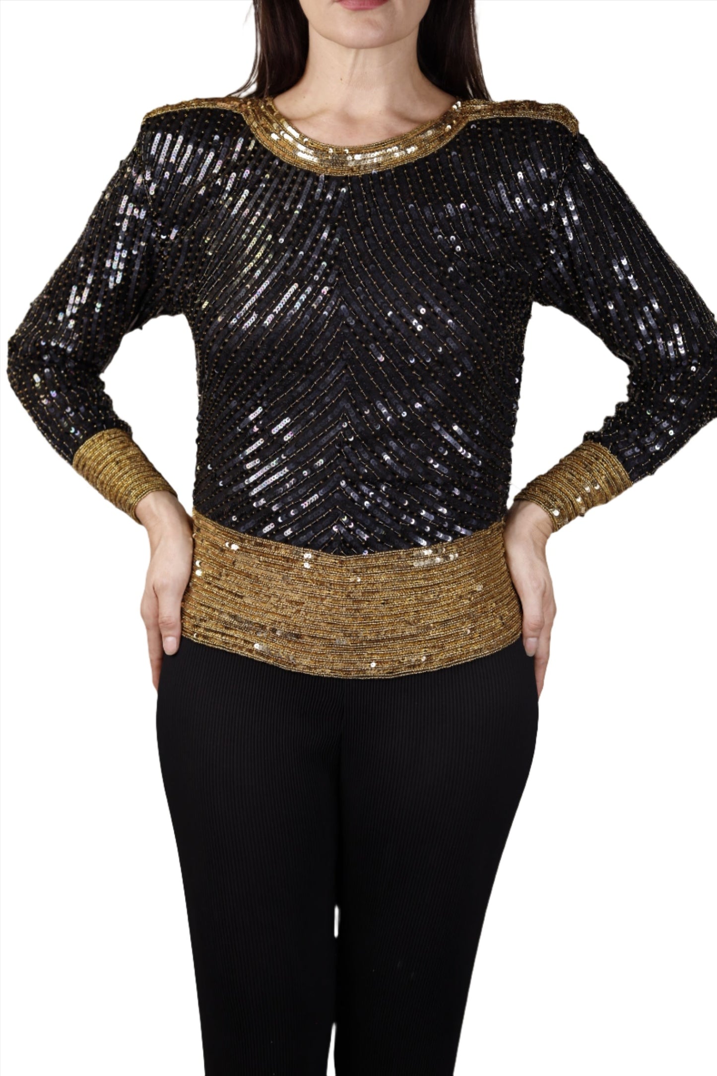 Saint Laurent Rive Gauche, Black & Gold Sequin Beaded Top 1980s