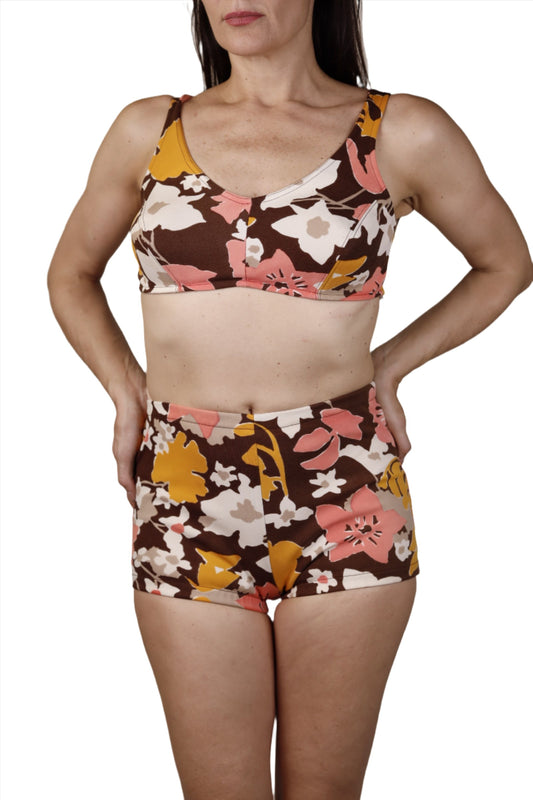 Floral Graphic Brown & Pink Bathing Suit Bikini 1960s