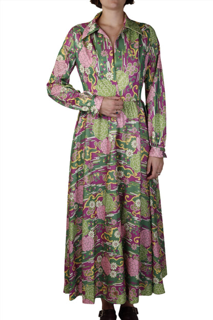 Green & Purple Floral Graphic Long Sleeve Maxi Dress 1960s