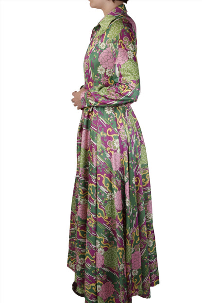 Green & Purple Floral Graphic Long Sleeve Maxi Dress 1960s