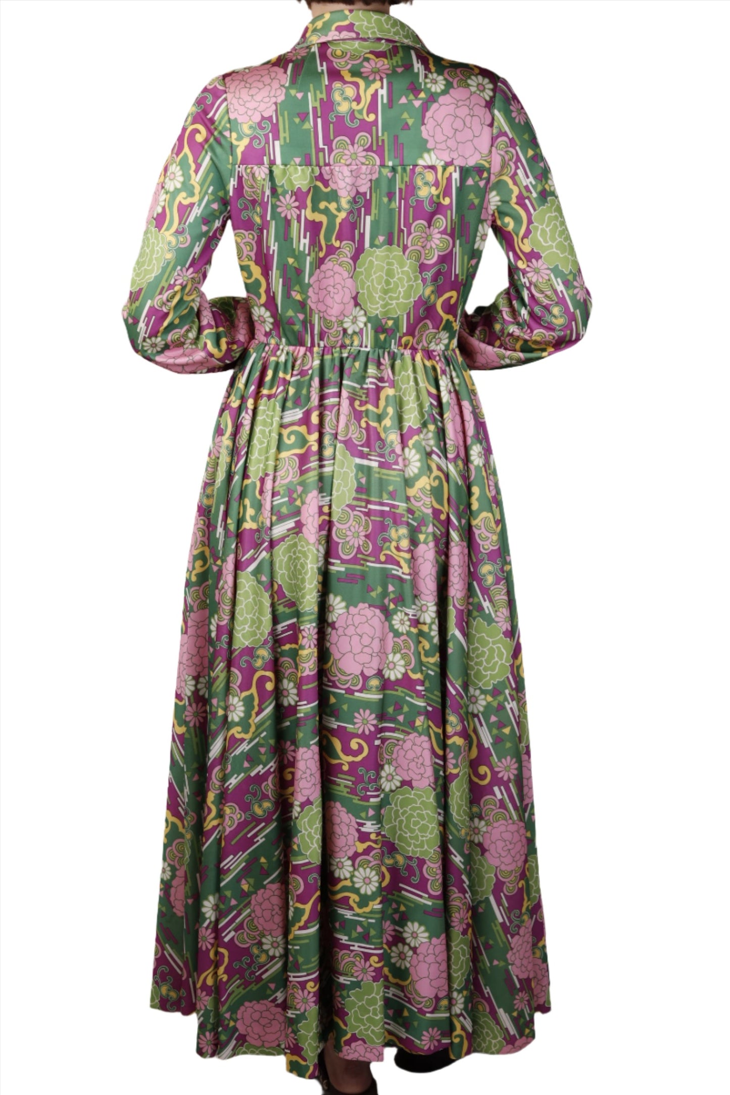 Green & Purple Floral Graphic Long Sleeve Maxi Dress 1960s