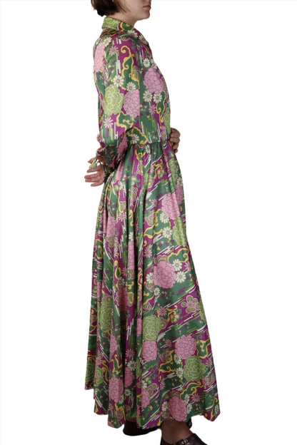 Green & Purple Floral Graphic Long Sleeve Maxi Dress 1960s