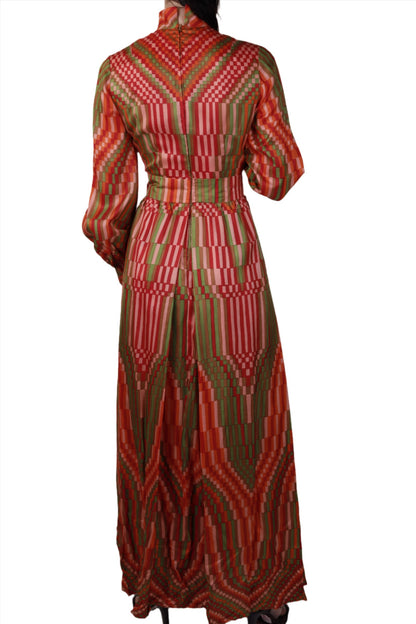 Red Silk Geometric Peasant Dress w/ Long Sleeves 1960s