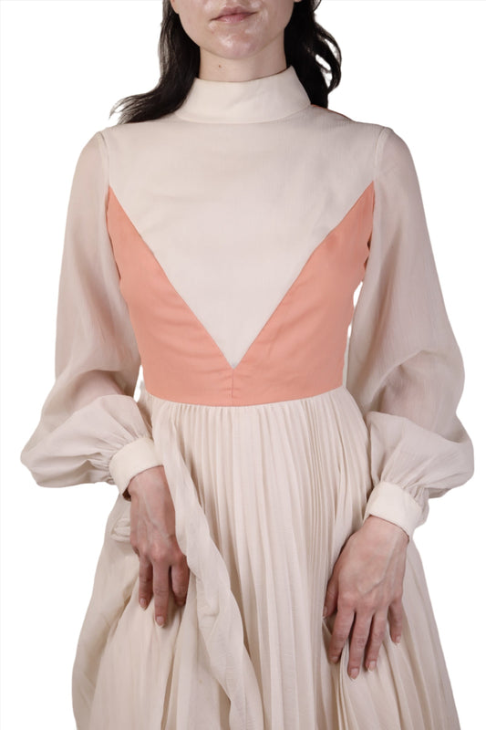 Cream & Peach Chiffon Pleated Dress 1960s